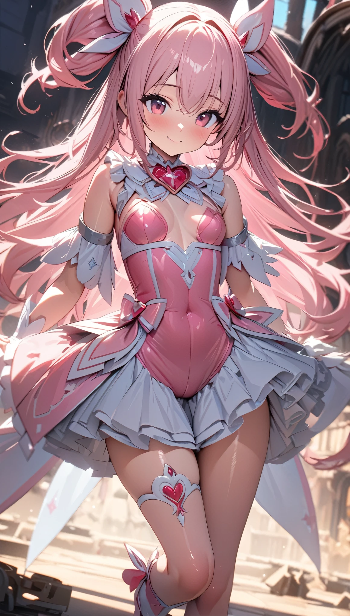 ((masterpiece)), ((highest quality)), (Super detailed), ((cute)), cute, (Lovely), ((sexy)), (device), ((Very detailed)), 4K, (8k), highest quality, (beautiful), One girl, , Shiny skin, Pink Hair, Long Hair, Both sides up, Pink Eyes, Magical girl, , Small breasts, smile, Miracles of God, God's Beloved Daughter, Divine Light, God Bless, Holy Virgin, (Perfect Anatomy:1.3), beautiful手, beautiful fingers, ((PINK high leg leotard:1.3)), White ruffled skirt, Pink gloves with white frills, Pink knee-high socks, Hair tied with a red ribbon, magic circle, Pink magic light, Starlight, Pink Crystal, shine, Black background, Dynamic pose, Dynamic Angle, Cowboy Shot,By God, ((masterpiece)), ((highest quality)), (Super detailed), ((cute)), cute, (Lovely), ((sexy)), (device), ((Very detailed)), 4K, (8k), highest quality, (beautiful)