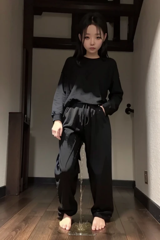 Japanese Girl sees the ghost and pees her black palazzo pants until her pants are wet in fright.