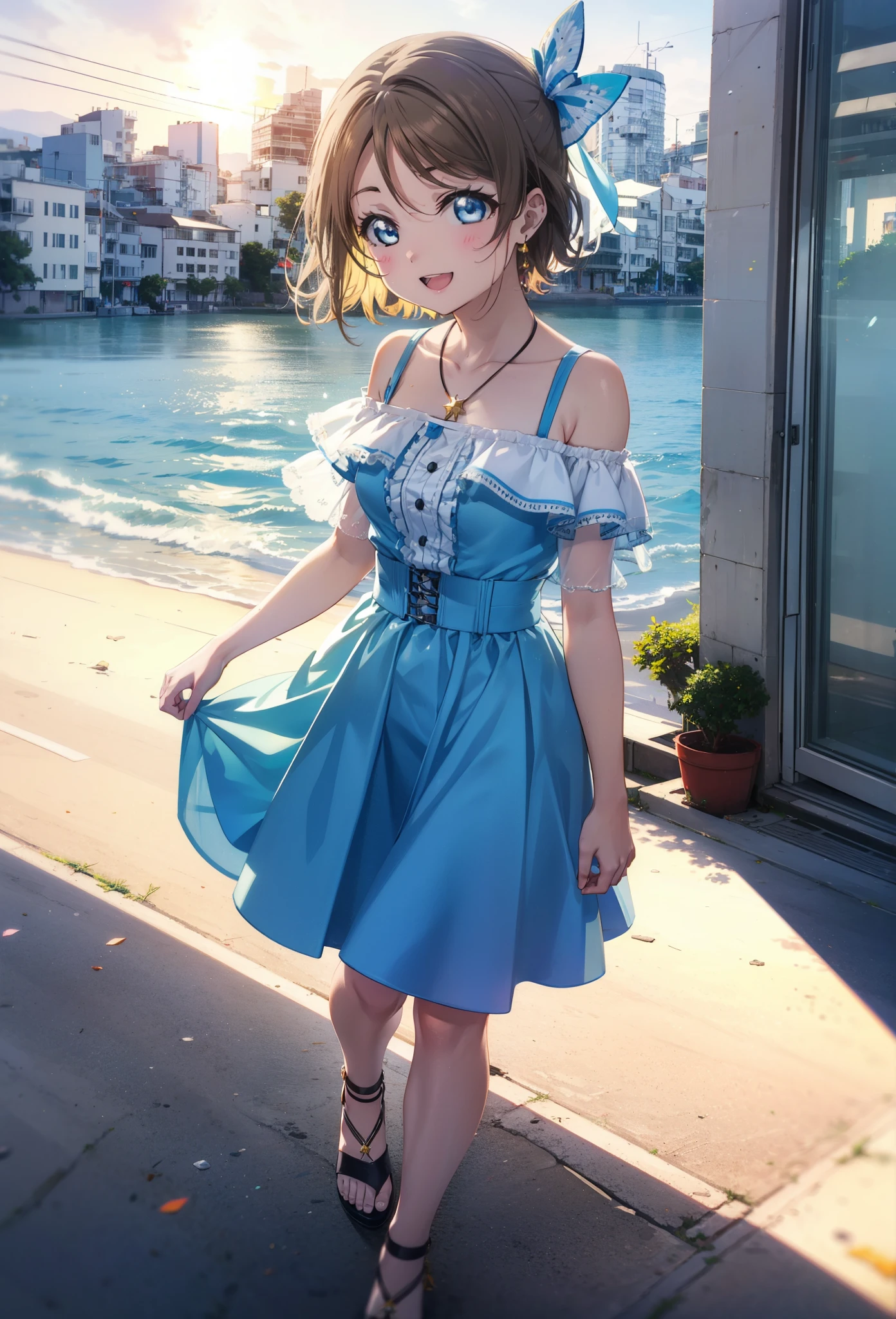 Yo Watanabe, Yu Watanabe, short hair, blue eyes, Brown Hair, smile, happy smile, smile, Open your mouth,Orange hair band,Rocket Pendant,Off-the-shoulder blue dress,Bare neck,Bare shoulders,bare clavicle,Blue long skirt,Cute heeled sandals,evening,Sunset,walking,The sun is setting,whole bodyがイラストに入るように,Looking down from above,
break outdoors, Coastal Road,Building district,
break looking at viewer, whole body,
break (masterpiece:1.2), highest quality, High resolution, unity 8k wallpaper, (figure:0.8), (Beautiful fine details:1.6), Highly detailed face, Perfect lighting, Highly detailed CG, (Perfect hands, Perfect Anatomy),