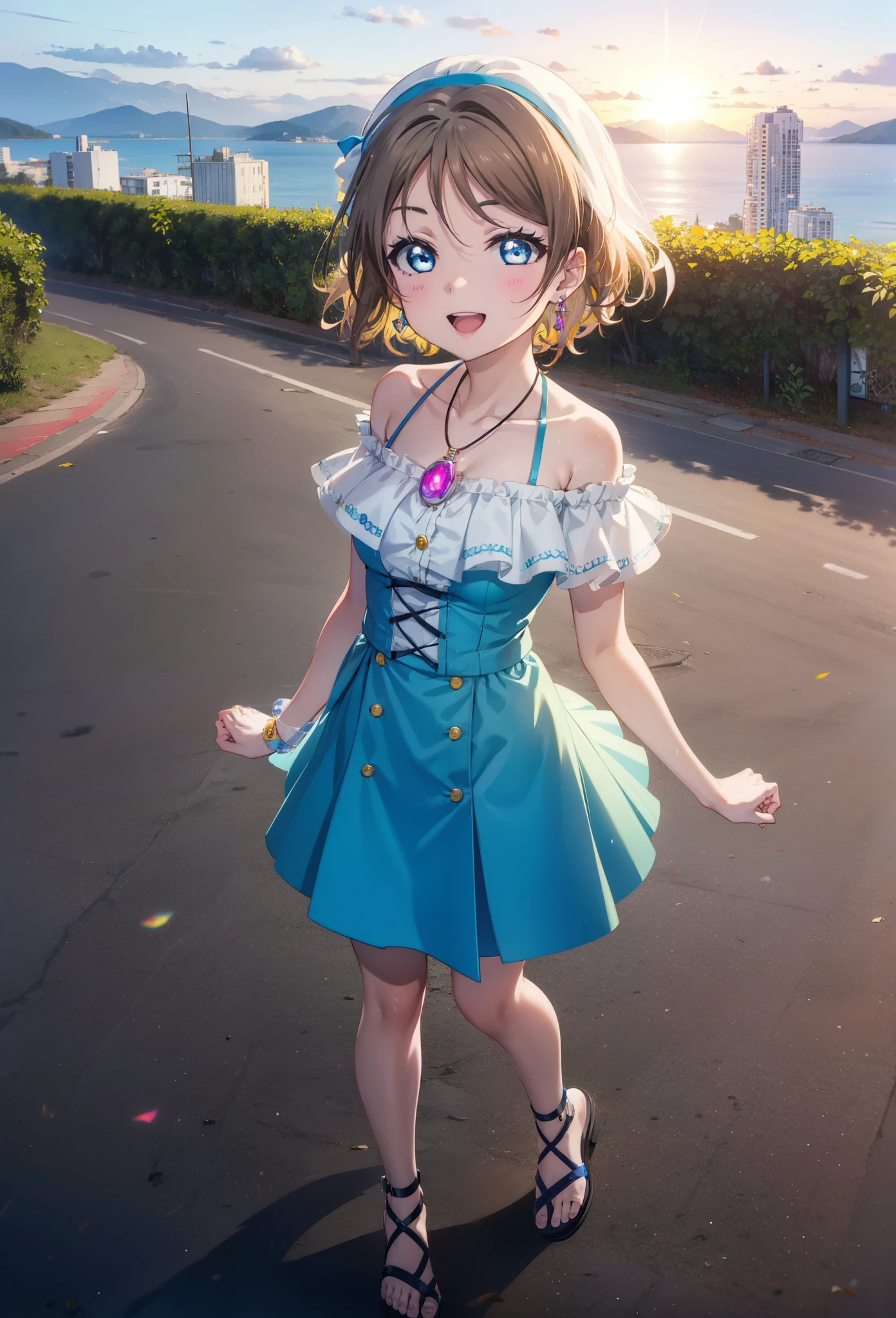 Yo Watanabe, Yu Watanabe, short hair, blue eyes, Brown Hair, smile, happy smile, smile, Open your mouth,Orange hair band,Rocket Pendant,Off-the-shoulder blue dress,Bare neck,Bare shoulders,bare clavicle,Blue long skirt,Cute heeled sandals,evening,Sunset,walking,The sun is setting,whole bodyがイラストに入るように,Looking down from above,
break outdoors, Coastal Road,Building district,
break looking at viewer, whole body,
break (masterpiece:1.2), highest quality, High resolution, unity 8k wallpaper, (figure:0.8), (Beautiful fine details:1.6), Highly detailed face, Perfect lighting, Highly detailed CG, (Perfect hands, Perfect Anatomy),