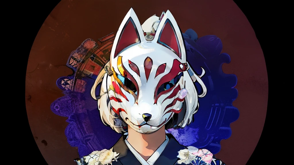 Fox Mask、Silver Hair、Blue kimono、One Girl, Official Art, unity 8k wallpaper, Super detailed, beautifully、aesthetic, masterpiece, highest quality, Realistic, (Abstract background) (zenTangle, Mandala, Tangle, enTangle background:0.7) kitsune, Fox Mask Template, Haori, Foxfire spells, Fox Familiar, conversion, Depth of written boundary, A fantastic atmosphere, The most beautiful form of chaos, elegant, Brutalist design, flowers of death, Flower Ecstasy