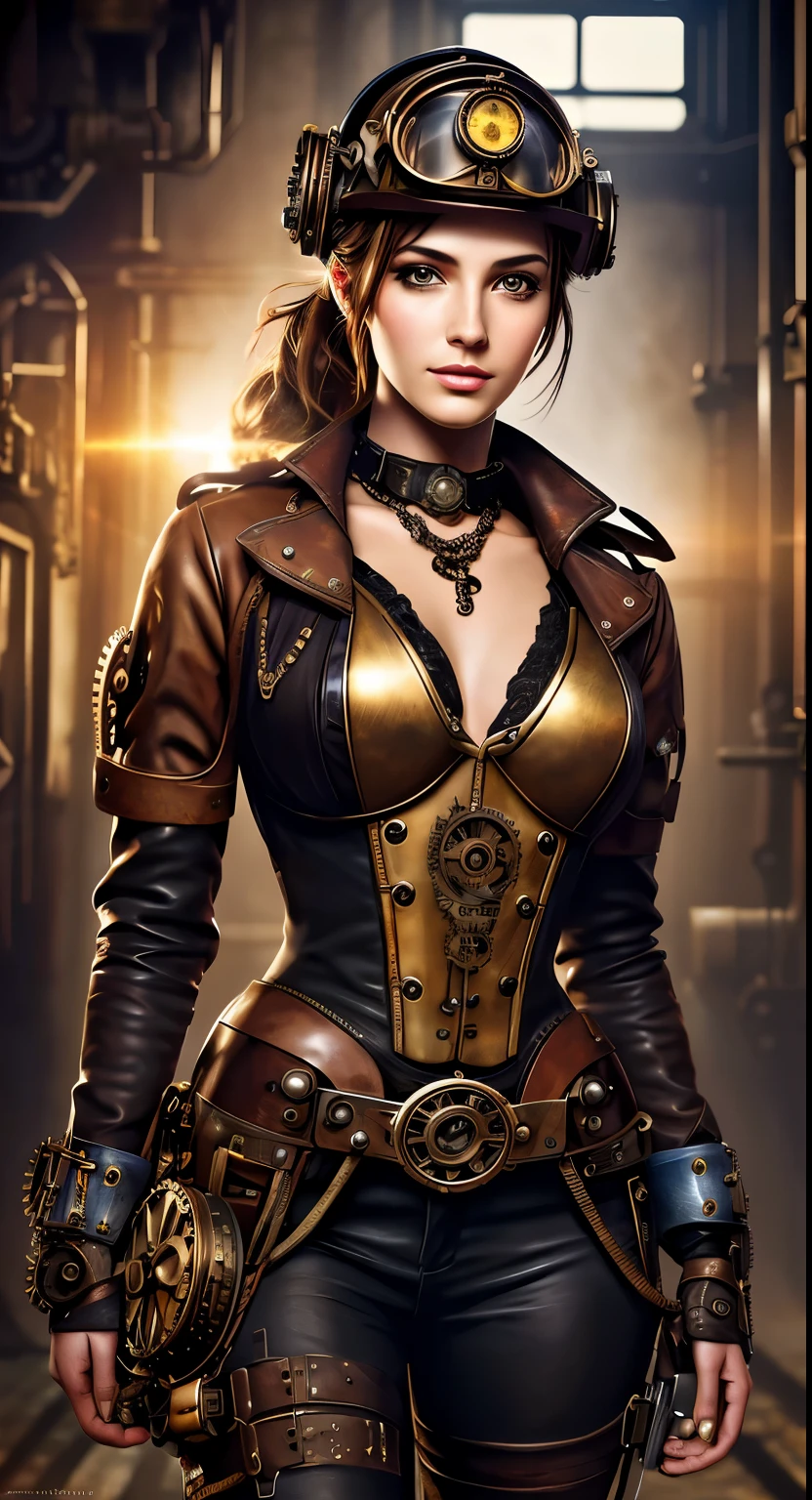 retrato,female,engenheiro steampunk,olhos brilhantemente detalhados,traje feminino,mechanical gears,industrial backdrop,glasses,capacete com engrenagens,Steampunk Accessories,Ferramentas de soldagem,penteado criativo com elementos steampunk,maquiagem distinta,Efeito de reflexo de lente,paleta de cores vibrantes,impeccable lighting,textura arenosa,obra-prima profissional:1.2,Pintura ultrafina,realista,photorealista:1.37,Estilo steampunk.