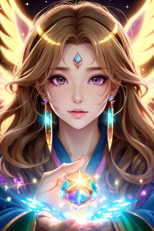 ((highest quality)), ((masterpiece)), (detailed), Perfect Face,kind,Healing,Alluring,fortune teller,Fantastic,vivid,Long Hair,front,Gal,Flashy hair,Wizard,Anime style robe,Brownの瞳,Eyelashes,crystal,(Brown),Angel Wings,Large earrings,crystal,