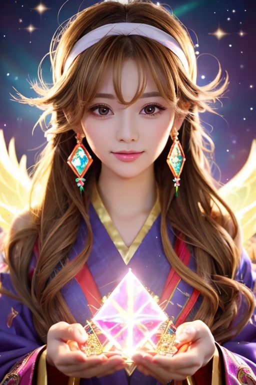 ((highest quality)), ((masterpiece)), (detailed), Perfect Face,kind,Healing,Alluring,fortune teller,Fantastic,vivid,Long Hair,front,Gal,Flashy hair,Wizard,Anime style robe,Brownの瞳,Eyelashes,crystal,(Brown),Angel Wings,Large earrings,crystal,