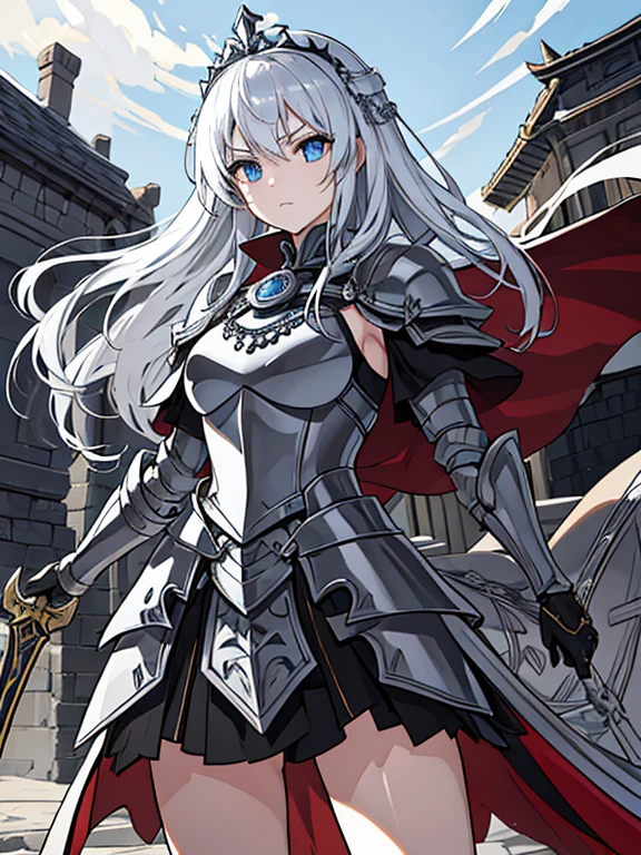 Highest quality,masterpiece,Girl、Big eyes、Beautiful and elegant armor、Plate Armor、Chainmail、Cape、Cape、Small Crown、tiara、Amulet、pendant、bracelet、ring、A large legendary sword engraved with magical powers and symbols.、Powerful Shield、courage、Decisiveness、leadership、Responsibility、Feeling for friends、Dedication、sincerity、Justice、Excellent swordsmanship、High protection、magic、Big eyes、Long Hair、Elegant style、Beauty and charm