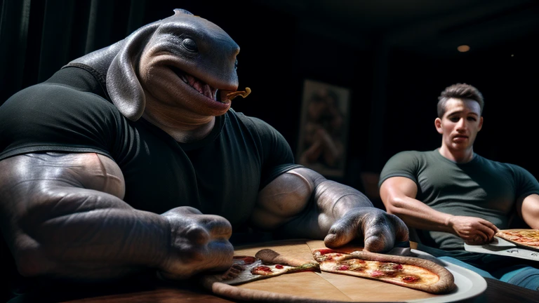 muscular Gantu, huge muscles, 3 fingers, t-shirt, sitting at the table, eating pizza with human friends, (best quality,4k,8k,highres,masterpiece:1.2),ultra-detailed,(realistic,photorealistic,photo-realistic:1.37),hyperrealistic,extremely detailed,hyper detailed, vivid colors