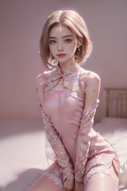 ((((8k))),((Extremely meticulous CG)) ,(wallpaper),16k,((Extremely refined and beautiful)),(((Masterpiece))),(((best qualtiy))),(((Ultra High Resolution))),beautiful light up,Perfect lightning,realistic shaded,((high resolution)),(Smooth and flawless fair skin:1.5),(pale skin:1.3),(Extremely exquisite facial details:1.2),(perfect body:1.1),(ultra-detailed),((A beautiful girl,solo)),(small head:1.2),(shoulder length straight bob hair:1.2),(small face:1.2),(baby face:1.3),(blush:1.3),(Exquisite makeup:1.2),(small :1.8),(flat chests:1.2),(slim:1.3),(happy:1.2),(laughing:1.2),(slender waist:1.5),(collar:1.3),(embroidered lace pink cheongsam:1.5),(see through white pantyho3),(night scene:1.5),(indoor:1.2),(sitting on the bed:1.3),(arms behind back:1.3),(upper body:1.3),(from front:1.3),(in bedroom:1.3),(detailed background:1.5)