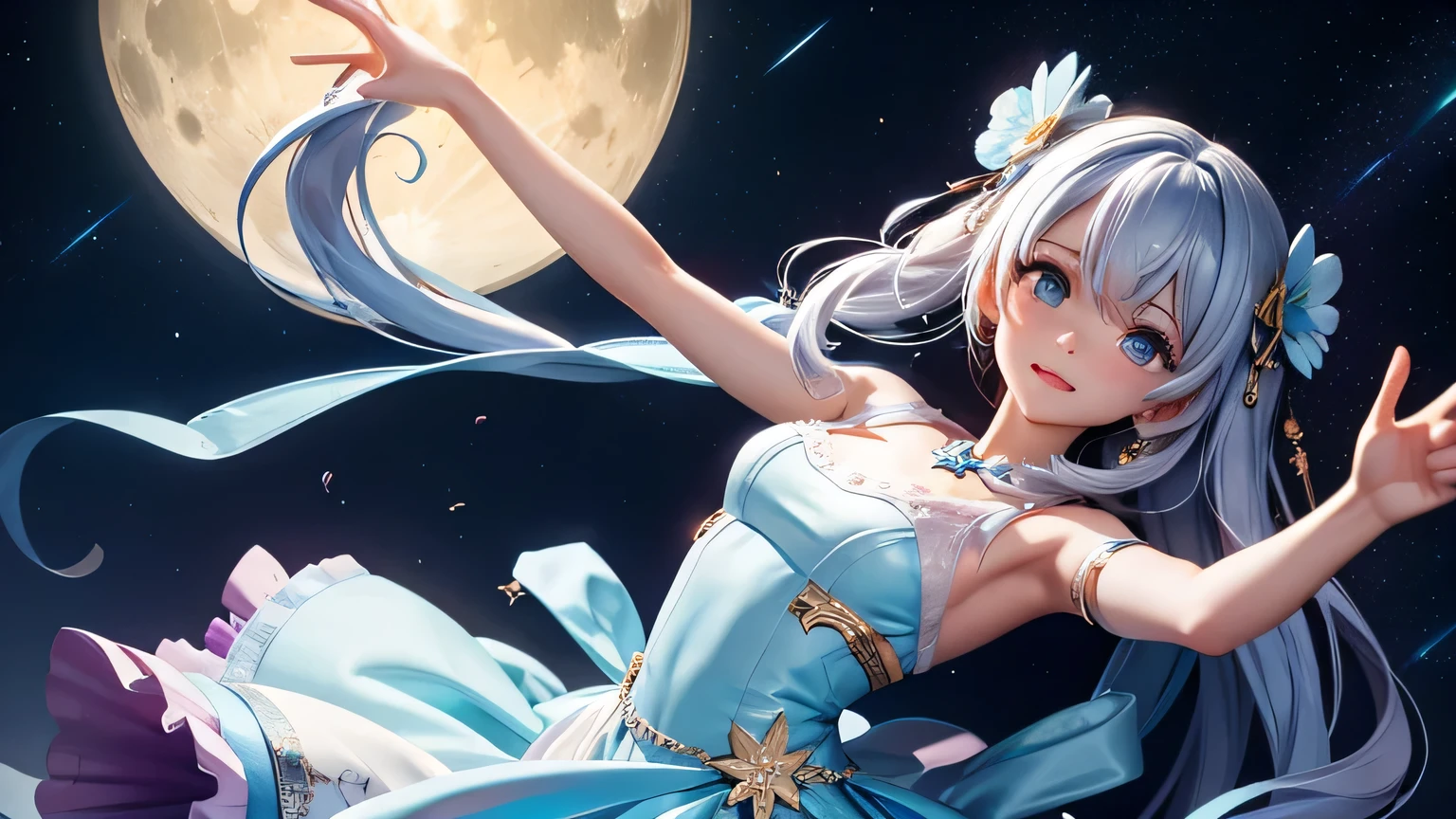 Starry Sky。Moonlight。Dancing beautiful girl and boy。