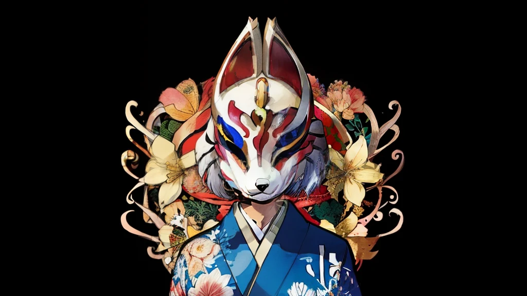 Fox Mask、Silver Hair、Blue kimono、One Girl, Official Art, unity 8k wallpaper, Super detailed, beautifully、aesthetic, masterpiece, highest quality, Realistic, (Abstract background) (zenTangle, Mandala, Tangle, enTangle background:0.7) kitsune, Fox Mask Template, Haori, Foxfire spells, Fox Familiar, conversion, Depth of written boundary, A fantastic atmosphere, The most beautiful form of chaos, elegant, Brutalist design, flowers of death, Flower Ecstasy