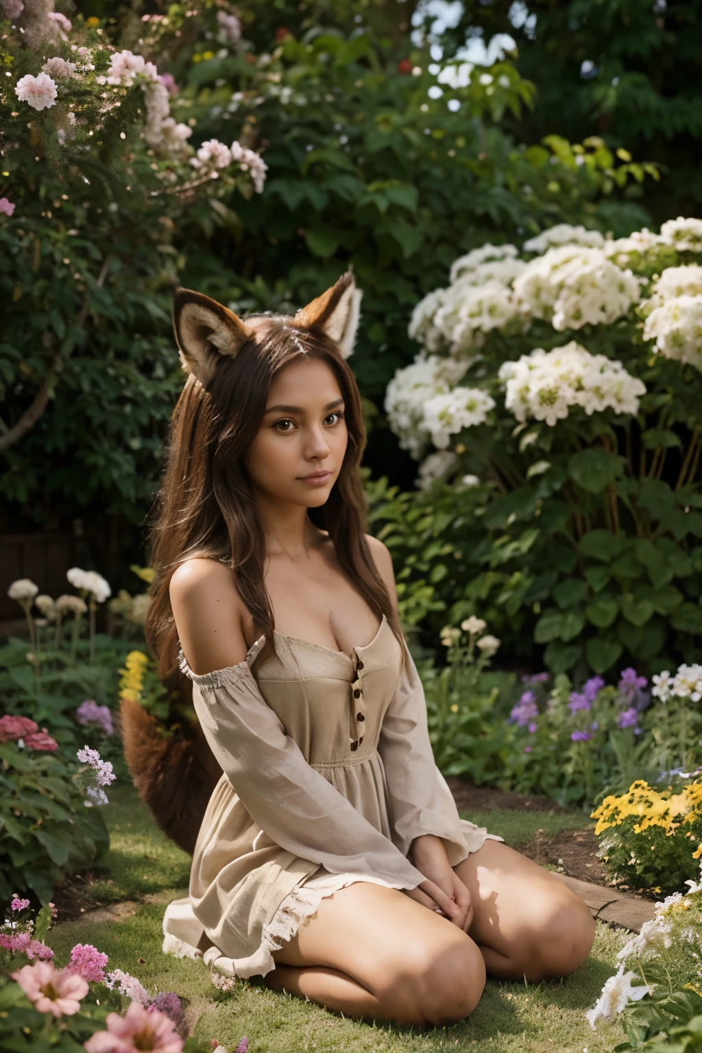 fox, (monster girl), long brown ears with darker brown inside, brown fur, tan neck fluff, brown fluffy tail with a tan tip, large brown eyes, wearing modest clothing, sitting in a flower garden, masterpiece, best quality