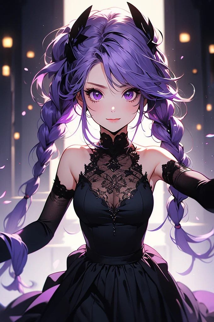 cryptic girl,masterpiece,highest quality,Very detailed,One girl,alone,surprise,The pupils constrict,Scared,shout, cryptic girl,Gradient Hair, Milky white and purple hair color, Long hair braided in two ponytails, Very long hair, Purple eyes, Mouth closed, whole body,yinji,1girl,solo, purple eyes, long hair, twin braids, purple hair, multicolored hair, elbow gloves, bangs, very long hair,bare shoulders, black skirt, grey hair, dress, smile, side cutout,covered navel, side cutout, break (((fall, Shorthand, perspective, Bottomless Pit))),Raise the hand,Dungeons,From above,Reaching out towards the viewer,A beautiful boy grabbing the outstretched hand of a criptic girl、The boy&#39;s hair color is white with blue inner color、Short Hair、Black cyberpunk outfit、Dutch Angle,Spread your legs,He is holding a girl who is about to fall