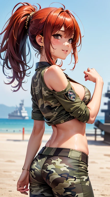 A girl is posing for a photo, cute女の子, Enchanting girl, Anime Girls, 
(((One Girl, Baby Face, cute, 16 years old))), 

(smile), 
(noon、(Aircraft carrier in sunlight、Fighter)), ((Dynamic pose、from before、Cowboy Shot))
break 

(Red hair、Hair blowing in the wind、ponytail), (black eye, Slanted Eyes), break Women in the Military、(((Belligerent,uniform:1.4,Camouflage、Camouflage pants)))、Earrings、I have a helmet:1.2, 
break 

(Symmetrical facial features, Perfect Face), (Beautiful breasts, (Ｃcup)), 
Beautiful body, Beautiful clavicle, Beautiful thighs, Beautiful legs, Perfect round ass, (Beautiful fingers), (((Detailed skin, Oily skin, Textured skin, Beautiful Skin))), 

double eyelid, Long eyelashes, 
(Expression of fine eyes, Beautiful and delicate eyes, Sparkling eyes, Eye Reflexes), 
(Beautiful Nose,Thin Nose), 
(Glossy lips, Beautiful Lips, Thick lips), 
(Beautiful Hair, Shiny Hair, Shiny Hair)), 
break 

(((highest quality)), ((masterpiece)), (Very detailed), (High resolution), (Beautiful sparkle), (High detail), (Anatomically correct)), ((Realistic)), 
(The best CG), Highly detailed art, CG illustration, (16k, 1080p), Oil paints, 
