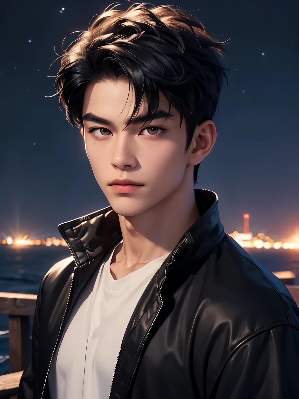 photorealistic, masterpiece, 8K, HD, portrait, closing up on face, intricate details, soft lighting, absurdres, realistic anime style, a handsome young vietnamese man, soldier, 25 years old, strong, brave, determined, confident, manly, intimidating, mischievous, hot, attractive, smirking, detailed face, red eyes, detailed eyes, sharp eyes, looking at viewer, wearing a jacket with rolled up sleeves over a shirt, casual wear, tanned skin, fit, black hair, short hair, spiky hair, outdoors, pier, dawn, stars, constellation, cosmical, dreamy world, surrealism, ethereal