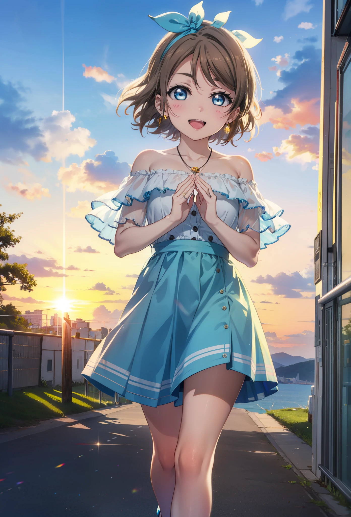 Yo Watanabe, Yu Watanabe, short hair, blue eyes, Brown Hair, smile, happy smile, smile, Open your mouth,Orange hair band,Rocket Pendant,Off-the-shoulder blue dress,Bare neck,Bare shoulders,bare clavicle,Blue long skirt,Cute heeled sandals,evening,Sunset,walking,The sun is setting,whole bodyがイラストに入るように,Looking down from above,
break outdoors, Coastal Road,Building district,
break looking at viewer, whole body,
break (masterpiece:1.2), highest quality, High resolution, unity 8k wallpaper, (figure:0.8), (Beautiful fine details:1.6), Highly detailed face, Perfect lighting, Highly detailed CG, (Perfect hands, Perfect Anatomy),