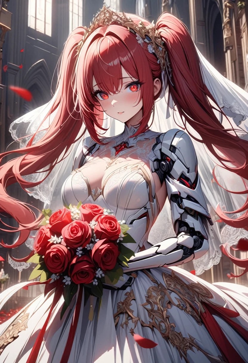 High quality, high definition, hig
h precision images,8k 1 Girl Robot Girl、red hair,Twin tails,Red eyes ,she wearing flashy robot armor.A flower garden filled with white roses,
(one red rose Hugging,)