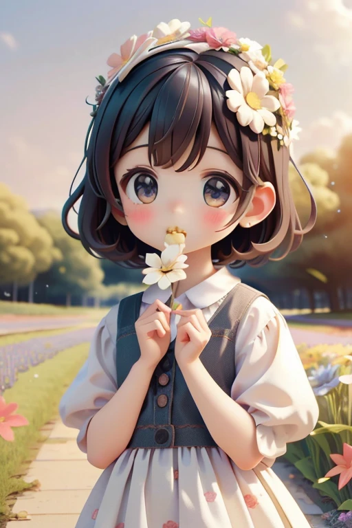 One girl、short hair、Eating cookies in a flower field、Wearing a flower crown on her head