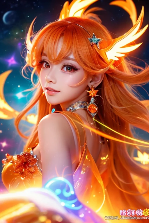 ((highest quality)), ((masterpiece)), (detailed), Perfect Face,kind,Healing,Alluring,fortune teller,Fantastic,vivid,Long Hair,front,Gal,Flashy hair,Wizard,Anime style robe,orangeの瞳,Eyelashes,crystal,(orange),Angel Wings,Large earrings,crystal,