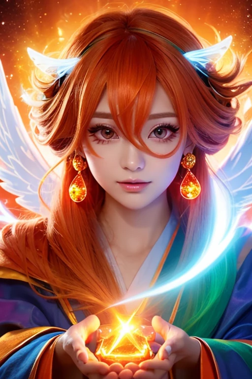 ((highest quality)), ((masterpiece)), (detailed), Perfect Face,kind,Healing,Alluring,fortune teller,Fantastic,vivid,Long Hair,front,Gal,Flashy hair,Wizard,Anime style robe,orangeの瞳,Eyelashes,crystal,(orange),Angel Wings,Large earrings,crystal,