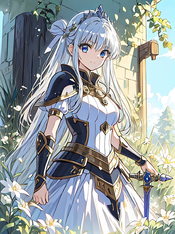 Highest quality,masterpiece,Girl、Big eyes、Beautiful and elegant armor、Plate Armor、Chainmail、Cape、Cape、Small Crown、tiara、Amulet、pendant、bracelet、ring、A large legendary sword engraved with magical powers and symbols.、Powerful Shield、courage、Decisiveness、leadership、Responsibility、Feeling for friends、Dedication、sincerity、Justice、Excellent swordsmanship、High protection、magic、Big eyes、Long Hair、Elegant style、Beauty and charm
