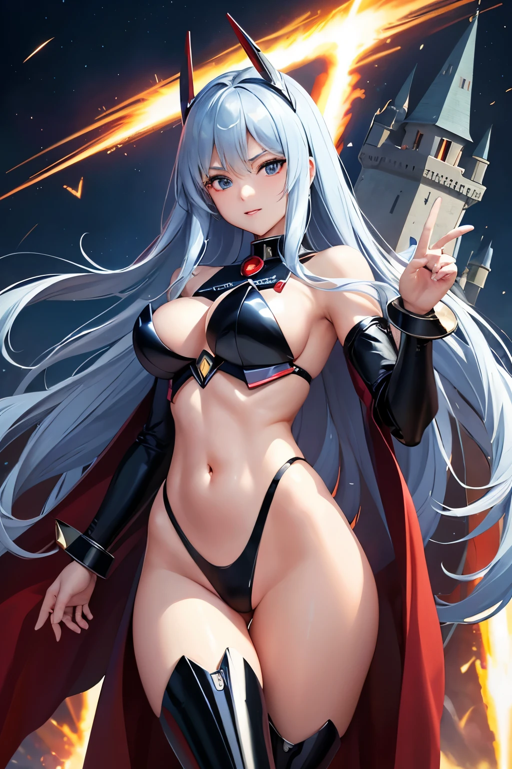 (((highest quality、first-class、masterpiece、Normal body、8k、Detailed face、Ultra-precision、Normal hand、Normal finger、5Finger、Highest)))、Mazinger Z、A castle of black iron towering into the sky、Super Robot、Rocket Punch、Brest Fire、Jet Sclander、Genie of Justice、Photon Power Beam