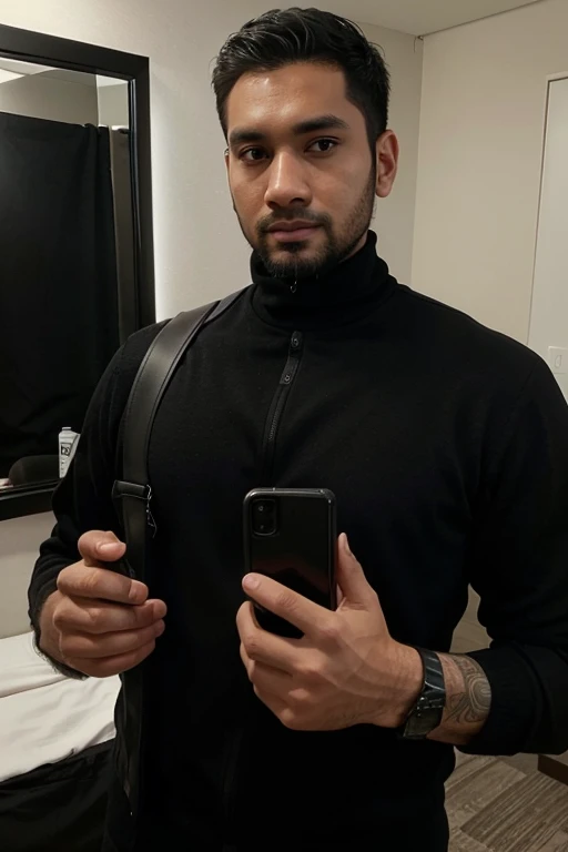 a handsome 30 year old man with an Indonesian face with a thin beard and a slightly fat body, wearing a black jacket and black turtleneck shirt is taking a photo of himself with a Samsung note 20 ultra facing the mirror in a hotel room. The picture is very realistic and super detailed
