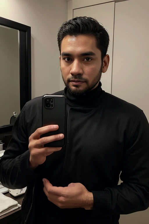 a handsome 30 year old man with an Indonesian face with a thin beard and a slightly fat body, wearing a black jacket and black turtleneck shirt is taking a photo of himself with a Samsung note 20 ultra facing the mirror in a hotel room. The picture is very realistic and super detailed