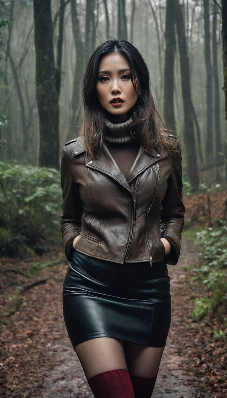 8k, ultra-detailed, grainy film photo, masterpiece,muted colors, muffled light, dusk, rainy, moody, ????, woman in forest, elegant pose, detailed stockings, turtleneck, pencil skirt, faded leather jacket, beautiful long brunette hair, depraved, asian:0.5, fetishistic makeup, 5fingers, beige, brown, red