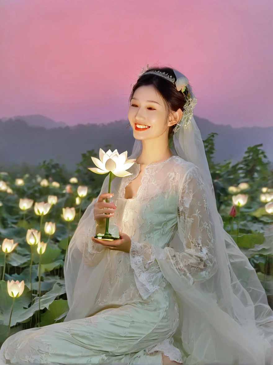 At dusk，The goddess of wine is hidden in the forest of flowers and trees，Wearing a white lace opaque dress，There is a pure white snow lotus painted on it，Holding a wine bottle in one hand，Holding a wine glass in one hand，She smiled at me，Revealing the true feelings after drinking，At this moment, her smile is like a pure angel，The soul is as pure as the moon，There is also a crescent moon in the background，Beautiful painting，Romantic，Natural light, Elegant and beautiful, Romanticism, Luminism, first-person view, cowboy shot, UHD, masterpiece, accurate, anatomically correct, high details, award winning, 8k