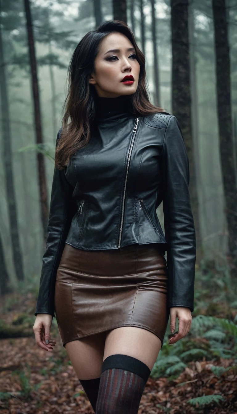 8k, ultra-detailed, grainy film photo, masterpiece,muted colors, muffled light, dusk, rainy, moody, noir, woman in forest, elegant pose, detailed stockings, turtleneck, pencil skirt, faded leather jacket, beautiful long brunette hair, depraved, asian:0.5, fetishistic makeup, heels, 5fingers, beige, brown, red