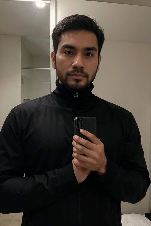 a handsome 30 year old man with an Indonesian face with a thin beard and a slightly fat body, wearing a black jacket and black turtleneck shirt is taking a photo of himself with a Samsung note 20 ultra facing the mirror in a hotel room. The picture is very realistic and super detailed