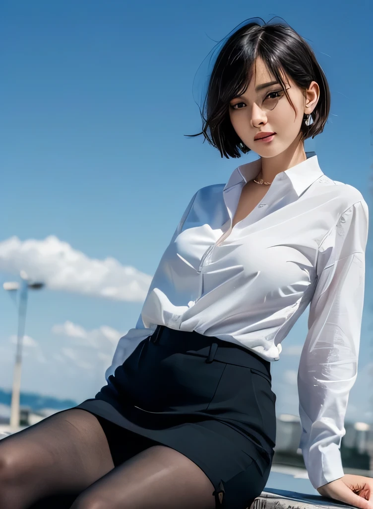 (8k, Best Quality, Masterpiece:1.2), (Realistic, Photorealistic:1.37), Ultra Detail, 1 Girl, Full Body, Outdoor, (Adjusted Hair:1.5) Office Lady, Black Office Blazer, Office Skirt, (pantyhose: 1.2), (short button-down shirt: 1.2), button-up collar prim, button-down collar prim, bra, (pantyhose: 1.2), alpha layer, high heels, beautiful earrings, cute, solo, beautiful detailed sky, (mute: 1.15), (closed mouth), small breasts, beautiful detailed eyes, business attire, (short hair: 1.2), floating hair NovaFrogStyle,