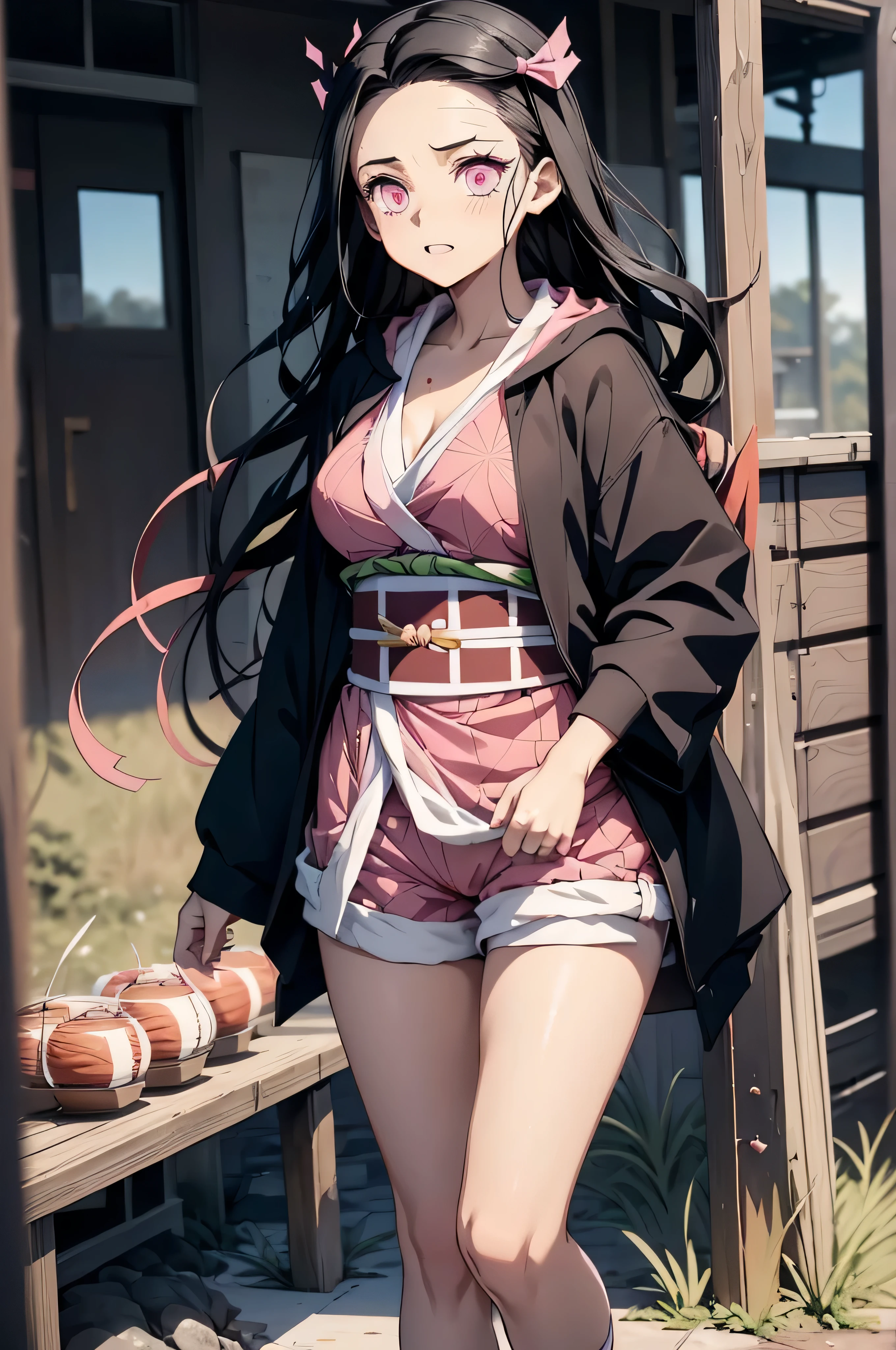 1girl, 1girl nezuko full body, Nezuko Kamado, Nezuko Kamado demon slayer, kamado nezuko, (anime: demon slayer), sexy, female body, perfect body, fullbody, pink enchanting eyes, dark black hair, black hair, black long hair, perfect body, wearing: modern clothes, shorts, sport shorts, female sport shorts,  casual sport shorts women, sport shorts, hoodie, cute hoodie, hoodie for woman, beautiful woman body, nezuko, ultrasharp, 4k picture, highly detailed,  beautiful, nezuko, nezuko kamado, demon slayer, nezuko, 8k, perfect image, detailed, nezuko.