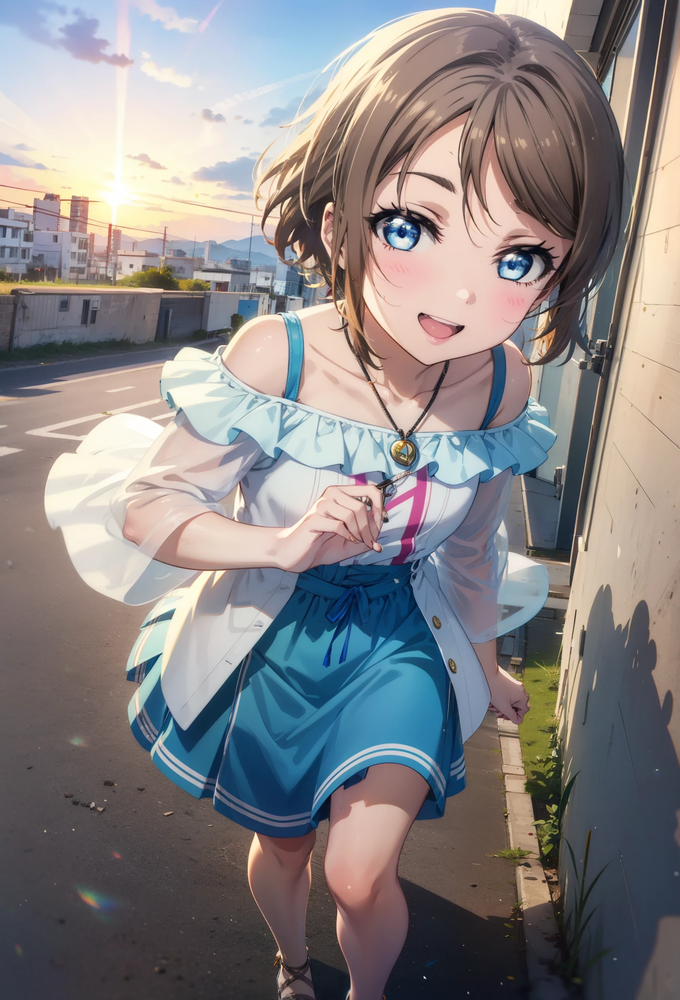 Yo Watanabe, Yu Watanabe, short hair, blue eyes, Brown Hair, smile, happy smile, smile, Open your mouth,Orange hair band,Rocket Pendant,Off-the-shoulder blue dress,Bare neck,Bare shoulders,bare clavicle,Blue long skirt,Cute heeled sandals,evening,Sunset,walking,The sun is setting,whole bodyがイラストに入るように,Looking down from above,
break outdoors, Coastal Road,Building district,
break looking at viewer, whole body,
break (masterpiece:1.2), highest quality, High resolution, unity 8k wallpaper, (figure:0.8), (Beautiful fine details:1.6), Highly detailed face, Perfect lighting, Highly detailed CG, (Perfect hands, Perfect Anatomy),