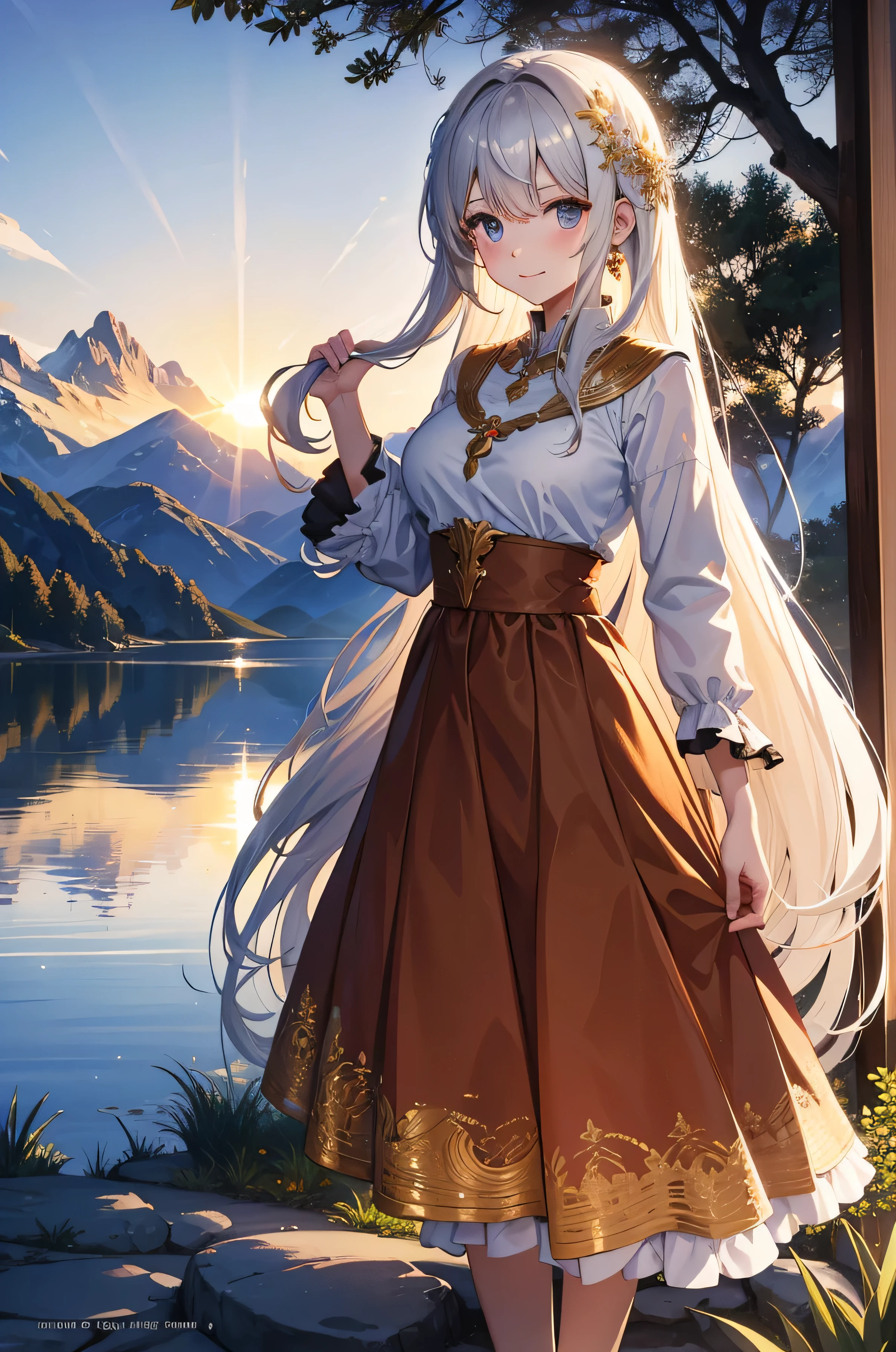 1 girl, happy expression, charming eyes, straight long hair, flowing skirt, big, looking at the sun, calm posture, porcelain-like skin, subtle blush, crystal pendant BREAK Golden Hour, (edge lighting): 1.2, cool colors, sun flare, soft shadows, bright colors, painting effects, fantastic atmosphere BREAK Scenic lakes, distant mountains, pine trees, mountain tops, reflections, sunlit clouds, tranquil atmosphere, idyllic sunrise, Ultra detailed, official art, unified 8k wallpapers, zentangle, mandala