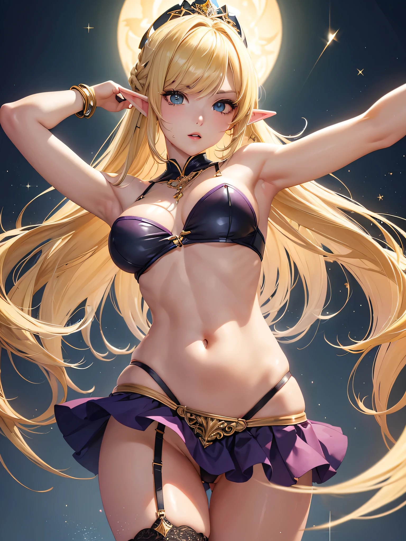 high resolution:1.7, incredibly absurdres, kawaii:1, cute:1.5, hires.fix, anime visual:1, incredibly fine illustration,8k,masterpiece:1.2,best quality, high quality, exquisite, beautiful, insanely detailed, intricate detailed, extremely detailed, Super Definition, ultra high res, Super Resolution, best aesthetic, ultra detailed:1.5, best quality, perfect face, detailed face, masterpiece:1.2, illustration:1.2, 8k cg wallpaper, stunning art,absurdres,octane render,ultra hires,
Japanese Actress,(Idol),18yo,Beautiful,(Cute and lovely),cute girl,((anime elf with extremely cute and beautiful blonde hair)),((((blonde hair:1.35,blonde single braid,colored inner hair,ear breathing)))),(((green_eyes:1.3))),intricate eyes,beautiful detailed eyes,symmetrical eyes,big eyes:1.5,enchanting bright eyes studded with gold and silver dust,(((pinky skin,glowing_skin,rous skin:1.5,bright skin: 1.5,skin tanned,shiny skin,very shiny skin,shiny body,plastic glitter skin,exaggerated shiny skin,illuminated skin))),upward breast slender,(detailed body,(detailed face)),cute,daring,zettai ryouiki,show skin,best relationship with four fingers and one thumb,Very Fine Face and Eyes,Very Fine Hair,(Perfect Anatomy),Garter Belt,Bare shoulders,Check out our thru-rack chokers and midi rings with chains,(1 girl),beautiful face,seductive young girl,female focus,full body,(perfect body),cool,Her face is extremely detailed and expressive.kawaii,the girl exudes confidence and elegance,Her pose and expression convey a sense of empowerment and strength.She has long eyelashes that add to her captivating appearance,The girl's hair is styled in a sleek and sophisticated,highly detailed face and hair,pale eyes,a well-defined nose,faint lips,seductive and confident smile,standing,fighting stance,battle,fight,(action pose:1.4),fist in hand,fist bump,open mouth,pointy breasts,a gring a Pink cyber suit with micro skirt, gold accents,holding hair gold ornament.side-tie panties,garter bele St