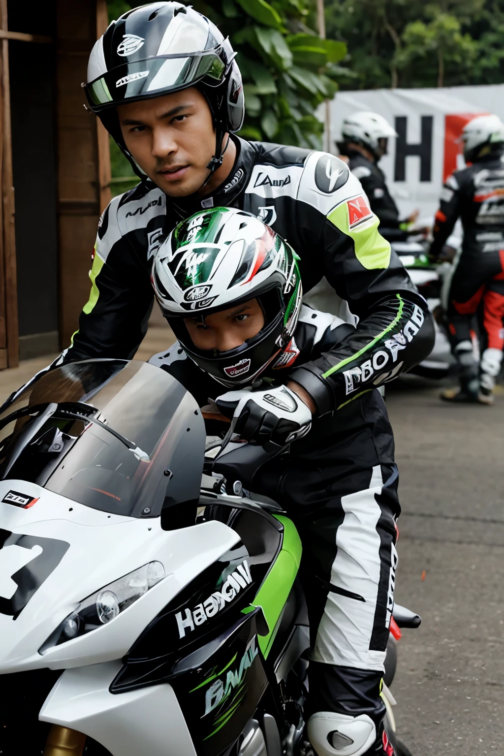 Motor sport kawasaki, pengendara menggunakan baju balap, helm Arai.