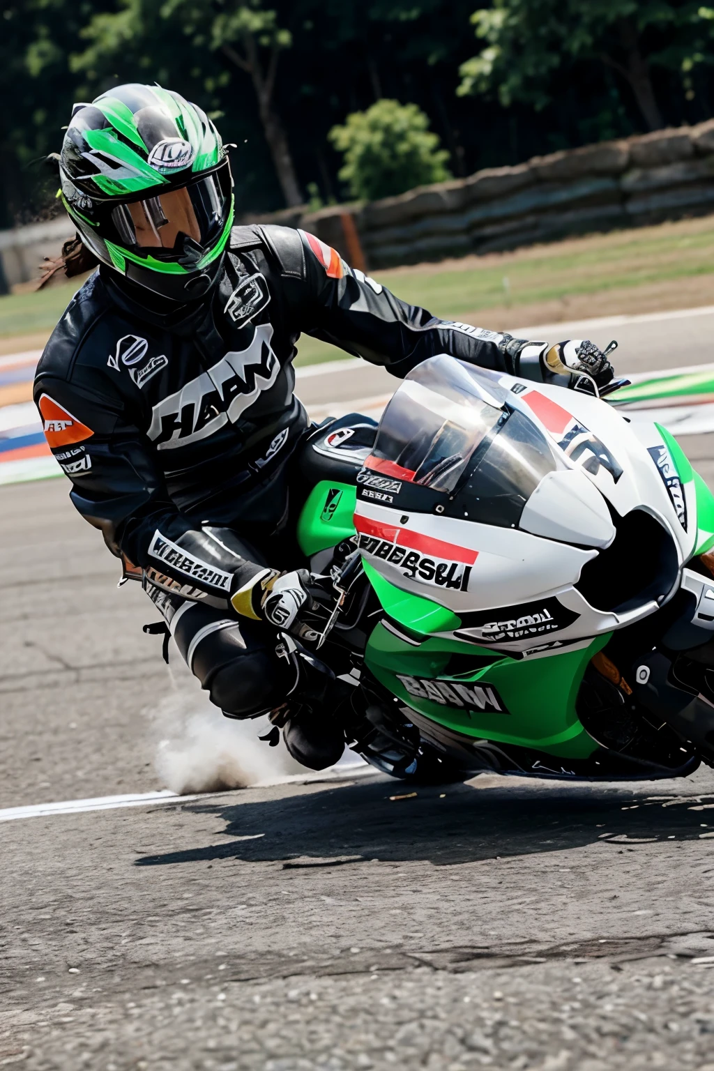 Motor sport kawasaki, pengendara menggunakan baju balap, helm Arai.