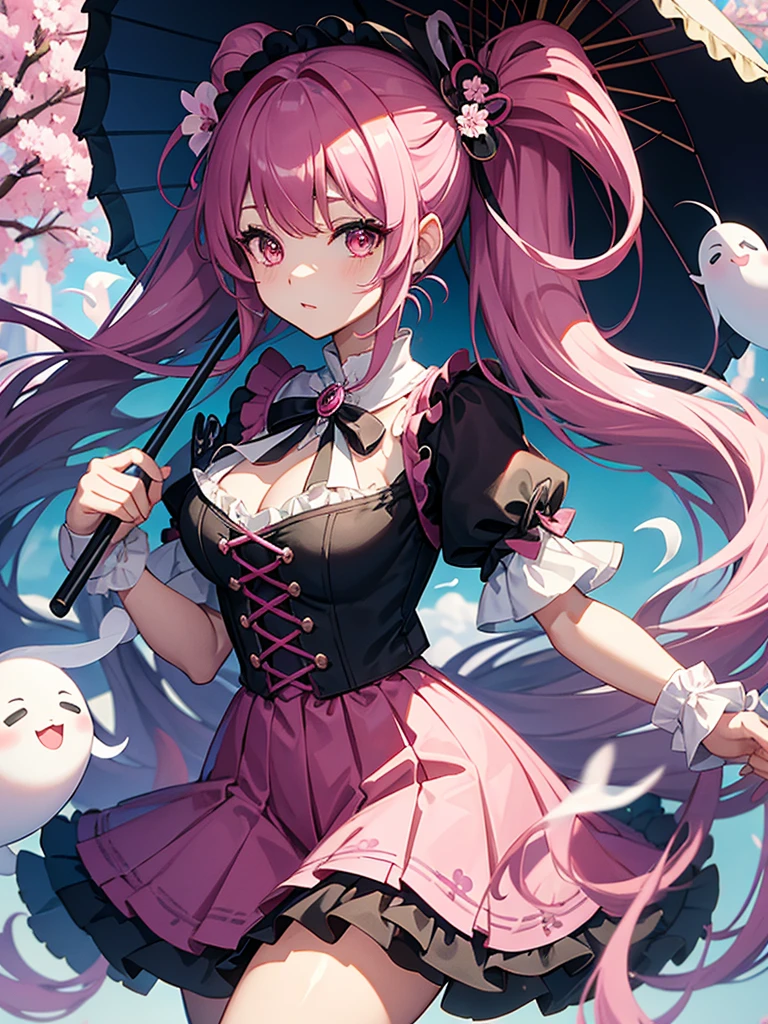 最高masterpiece、highest quality、
One Piece Ghost Princess Perona, Aura of ghosts and cherry blossoms, Holding a cute umbrella, Black and pink gothic outfit, Her hair is tied into two curly pigtails with black and white flower hairpins., Perfect figure, Wearing a black top hat with a ribbon, masterpiece, Light makeup, Ghosting effect, Best lighting, Ultra Sharp
