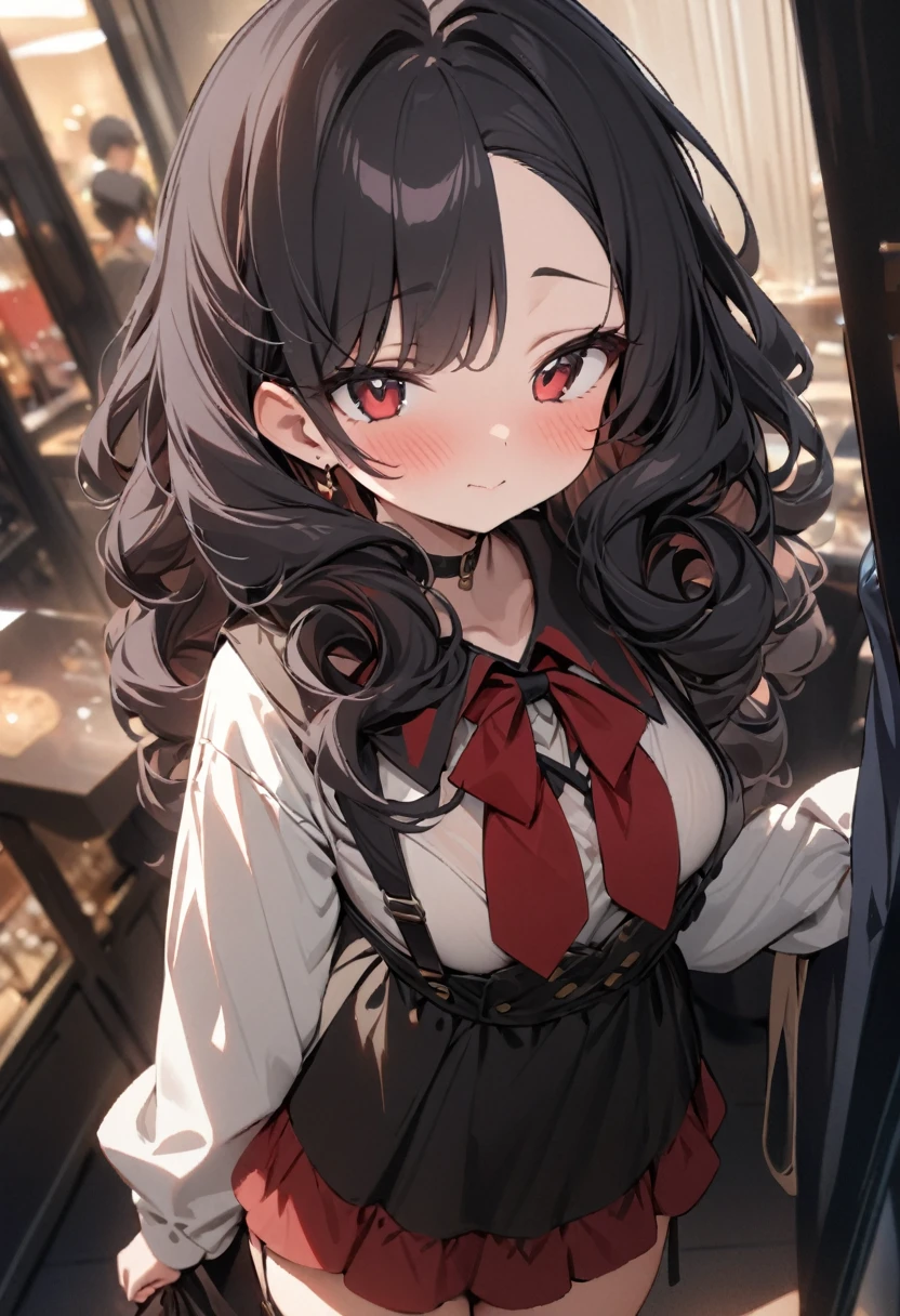 (masterpiece, best quality: 1.2), high resolution, high quality, cute, long curly red black hair, outfit random, cute look