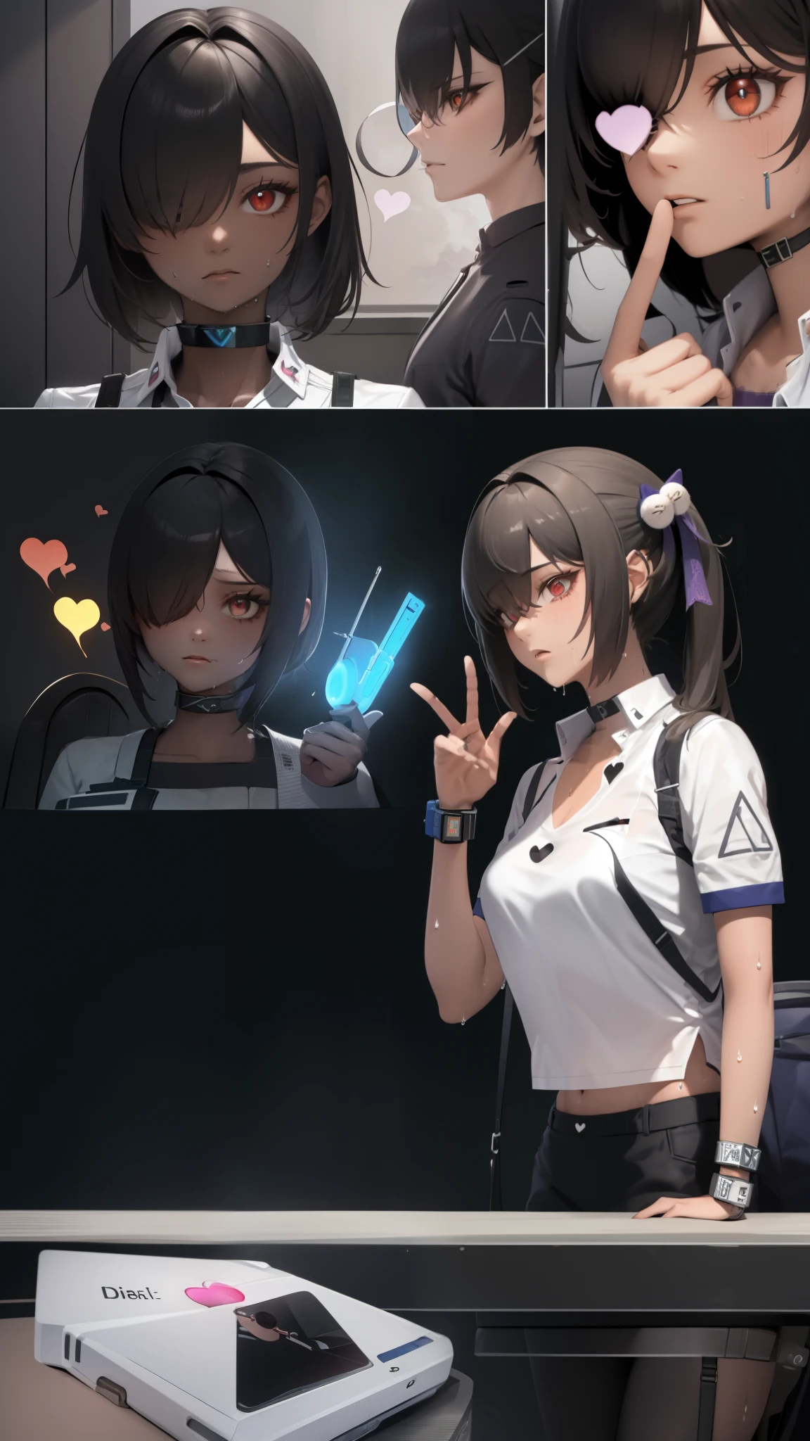 (Safety Sensor、approved、Can be viewed:1.8),masterpiece、highest quality、highest quality、Accurate the human body、Lighting to suit the mood、Accurate、Elaborate、masterpiece、Every detail of the face、Jero-tailed tit, Dark Skin, Woman with dark skin, Side Ponytail, hair ornaments, Hair Clip, White shirt, Bra visible through clothes, Chest pocket, Black choker, Blue tie, Purple scrunchie, bracelet,Latex Blue Pleated Skirt, Thigh straps, Simple Background, whole body, Detailed Background, Leaning forward, alone,Big cleavage、( Big Breasts、An eye is a heart:1.3、Heart Pupil:1.5,  Contact Lenses Heart Eye:1.5, Glowing oil skin:1.5, Sweat,vapor:1.5)、(Dim lighting:1.5, night:1.5, Love hotels in Japan :1.5、Realistic Background、Real Scene、Lie down in bed)、((Many words:1.8、Many heartfelt voices:1.8))、Double Peace、The beauty of the eight-headed、Mature adult woman、Emotional :1.3、On the bed、sound、sound、Absolutely safe、Small face、Beautiful Girlfriend