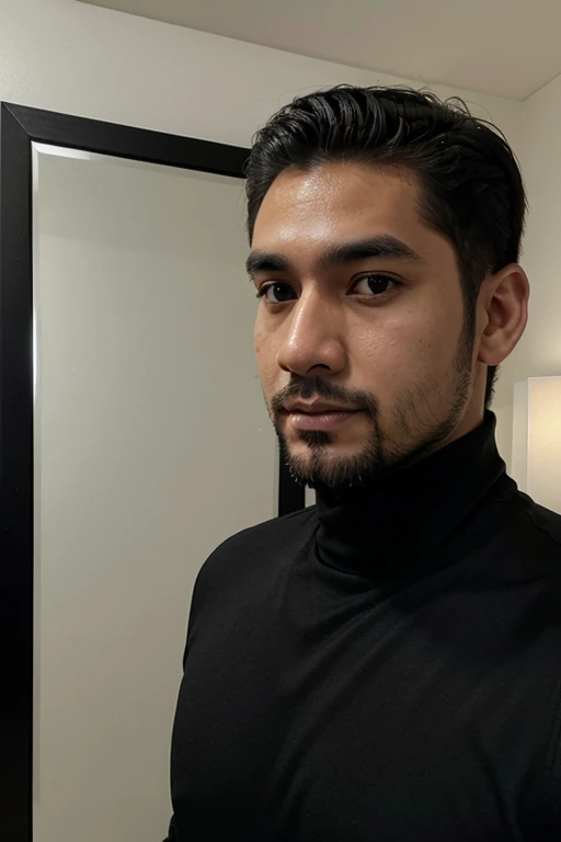 a handsome 30 year old man with an Indonesian face with a thin beard and a slightly fat body, wearing a black jacket and black turtleneck shirt is taking a photo of himself with a Samsung note 20 ultra facing the mirror in a hotel room. The picture is very realistic and super detailed