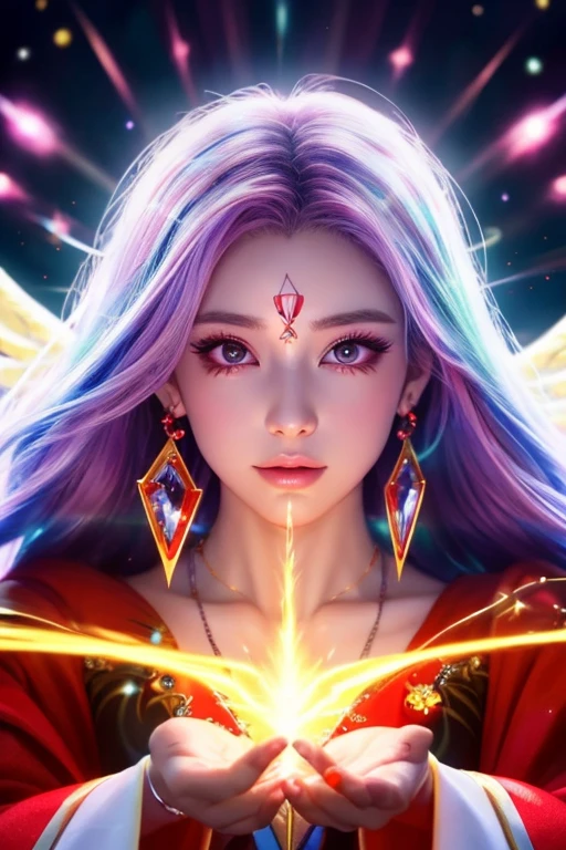 ((highest quality)), ((masterpiece)), (detailed), Perfect Face,kind,Healing,Alluring,fortune teller,Fantastic,vivid,Long Hair,front,Gal,Flashy hair,Wizard,Anime style robe,Redの瞳,Eyelashes,crystal,(Red),Angel Wings,Large earrings,crystal,
