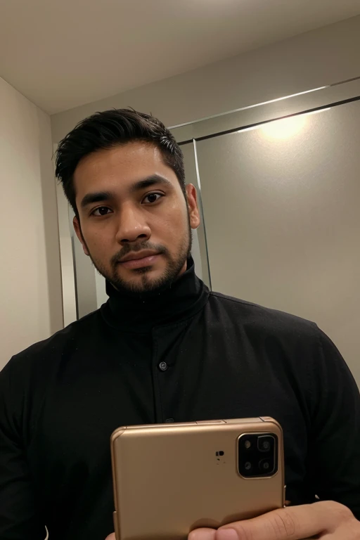 a handsome 30 year old man with an Indonesian face with a thin beard and a slightly fat body, wearing a black jacket and black turtleneck shirt is taking a photo of himself with a Samsung note 20 ultra facing the mirror in a hotel room. The picture is very realistic and super detailed
