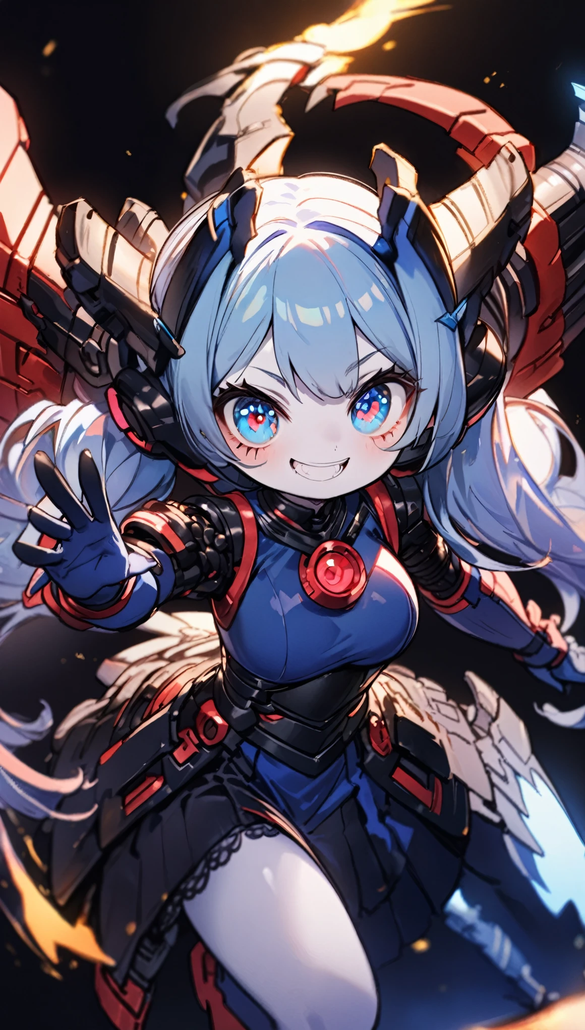 score_9, score_8_up, score_7_up, best quality ,masterpiece, 4k, cowboy shot, ((no hat:1.3)), Japanese anime, 1girl, (white skin:1.2), navy blue hair, twin tails, blue ribbon, (mechanical dragonhorn:1.5), (mechanical wing:1.2), (eye lashes:1.3), (eye shadow:1.3), blue eyes, (beautiful detailed eyes:1.4), (laugh:1.4), 130cm tall, original character, fantasy, (black background:1.2), beautiful fingers, (blue black lace frill armor dress:1.5), (mechanical headgear:1.5) , (full body:1.5), shoot from front, looking at viewer ,