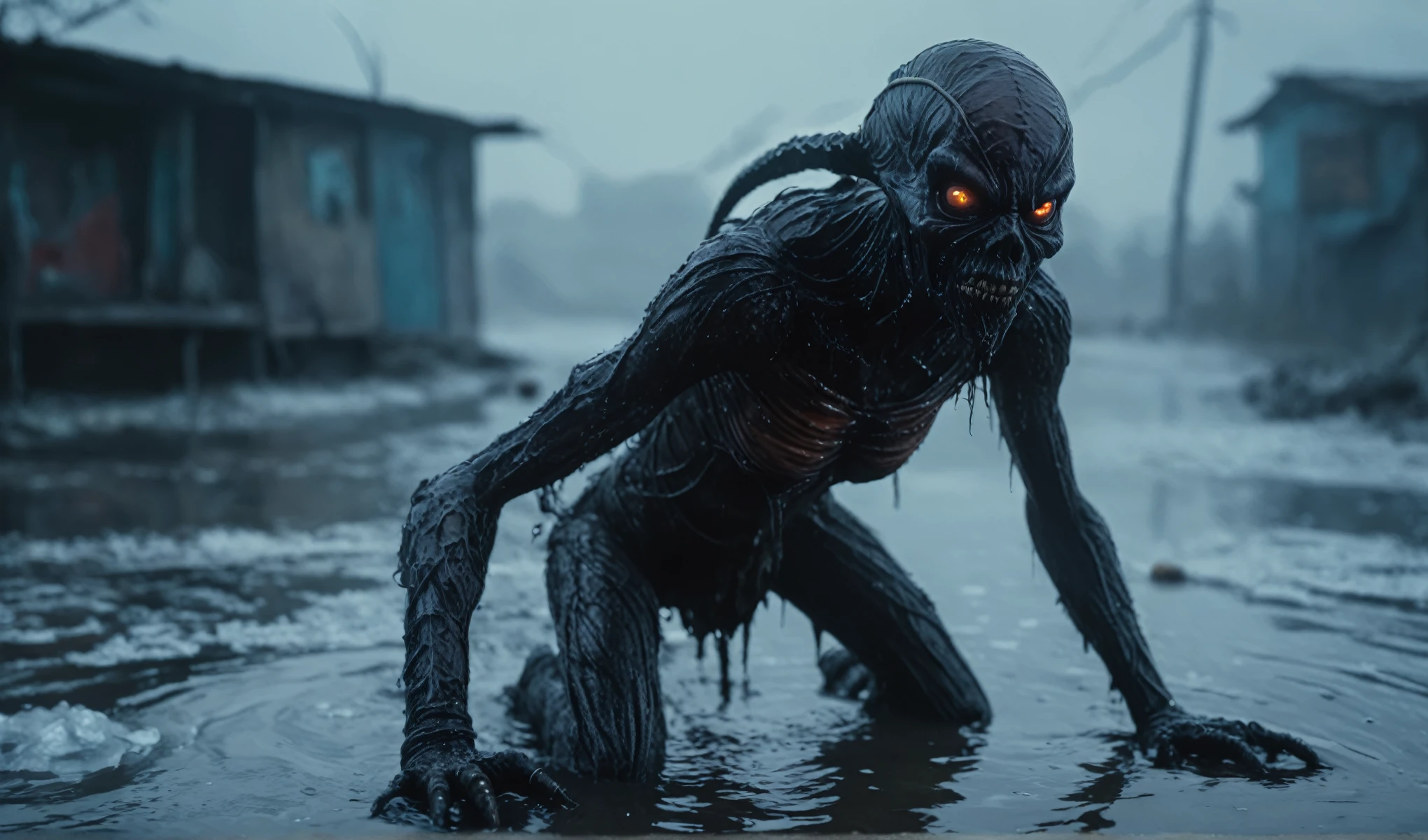 full-body-shot,niobium Manganite (The Alien Entity:favn:0.5), wants eat,survival in criminal favela for future,Cinematic,soft colors, Technicolor,natural skin textures, hyper realism, hyper detailed,Extremely detailed,High contrast,Masterpiece,Realistic,Ultra Detailed, intricate details,realistic humid leather,extremely intricate,Epic Realistic, cinematic style,irina yermolova,high contrast,HDR,extremely detailed, [deep night landscape],masterpiece,intricate details,faded,eyes extremely detailed, high detailed eyes,8k resolution,RAW,retina, Nikon Z9,pale demon woman crawling out the water in a frozen foggy marsh, horror movie, cinematic look, creepy aesthetic, ultra detailed, photorealistic, masterpiece,winter
