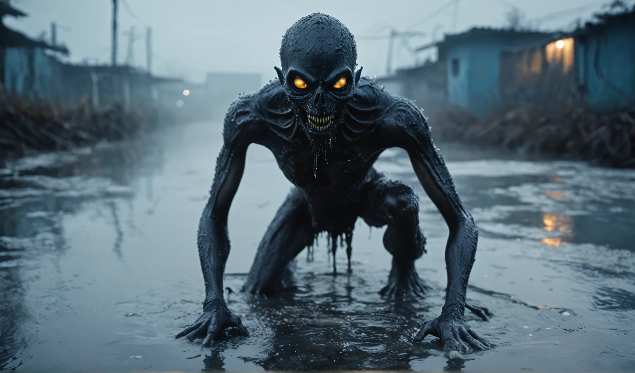 full-body-shot,niobium Manganite (The Alien Entity:favn:0.5), wants eat,survival in criminal favela for future,Cinematic,soft colors, Technicolor,natural skin textures, hyper realism, hyper detailed,Extremely detailed,High contrast,Masterpiece,Realistic,Ultra Detailed, intricate details,realistic humid leather,extremely intricate,Epic Realistic, cinematic style,irina yermolova,high contrast,HDR,extremely detailed, [deep night landscape],masterpiece,intricate details,faded,eyes extremely detailed, high detailed eyes,8k resolution,RAW,retina, Nikon Z9,pale demon woman crawling out the water in a frozen foggy marsh, horror movie, cinematic look, creepy aesthetic, ultra detailed, photorealistic, masterpiece,winter
