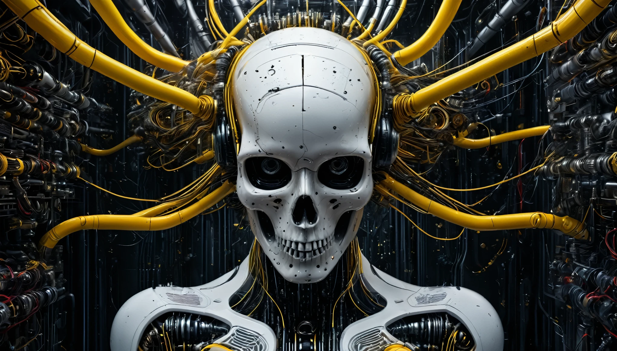 a captivating humanoid skull emerges from a sea of intricate technological components. Surrounded by a labyrinth of wires, tubes, and mechanical arms, the face exudes an air of mystique and undeniable power. The eyes of the face command attention, one of them radiating a striking yellow hue that pierces through the monochromatic palette. Shades of black and white dominate the scene, punctuated by bold splashes of red that add drama and depth to the image. The intricate details of the mechanical elements intertwine seamlessly with the organic features of the face, hinting at a harmonious fusion of human and machine. powerful exploration of the intersection between technology, humanity, half body portrait, highly detailed, photo realistic, cinematic, movie still, captured in the style of Sony Alpha A7 III camera