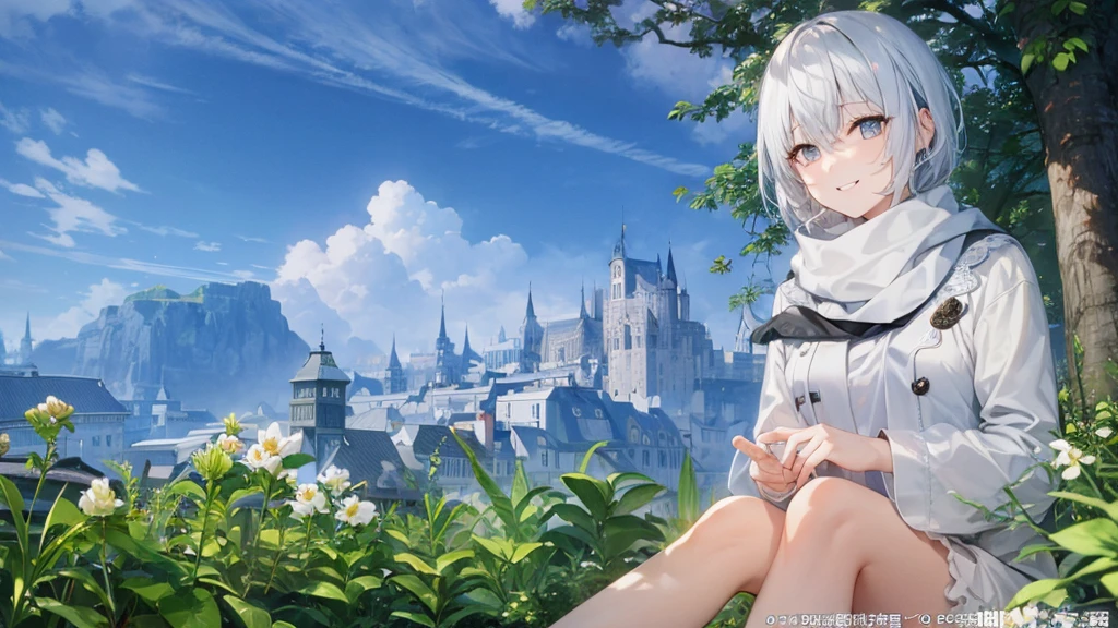 とてもShort Hair, Long bangs between the eyes, Grey Eyes , Very detailed,(masterpiece、highest quality)、alone、Gray Hair、Fantasy, Silver Hair, black eye, Beautiful Eyes,, Ecstasy, charm, attract the audience, Fantasyな風景、White shirt、smile、Open your mouth、Scarf、short hair、Short Hair、Flower Field