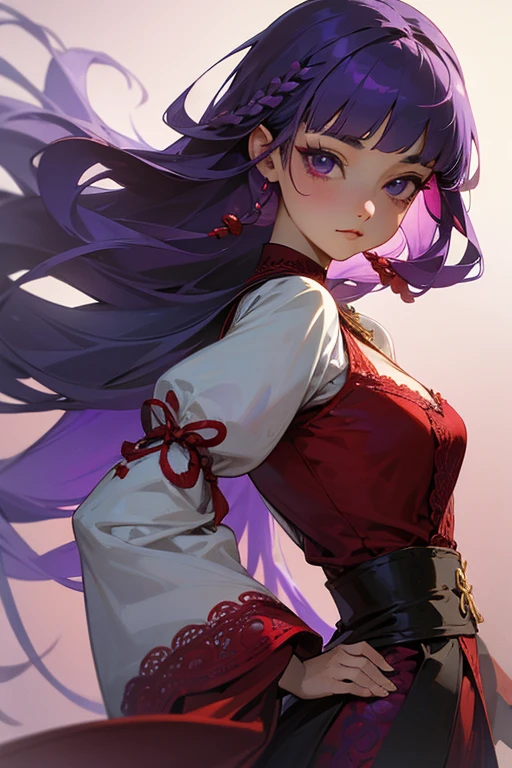 Face close-up、1 girl, Blunt bangs, Braiding, Wide sleeves, hair ornaments,Red and navy lace、(Purple Hair:1.2), Very long hair, Straight hair, Looking at the audience, Highly detailed background, (Realistic:1.2), Beautiful Eyes, Red eyeshadow, Written boundary depth，thigh, (Ulzzang-6500:0.7), Upper Body, (alone:1.2), Cleavage, Shiny skin、Hair blowing in the wind、Four fingers, One thumb、Rose、Floral pattern on clothes、drink alcohol、Keep your hands on your hips、Face close-up、close、Stick your butt out！