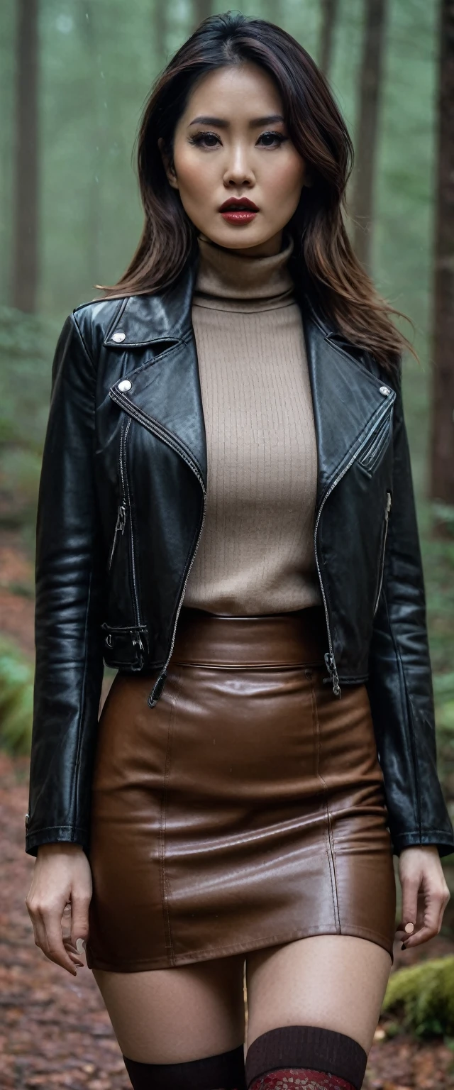 8k, ultra-detailed, grainy film photo, masterpiece,muted colors, muffled light, dusk, rainy, moody, noir, woman in forest, elegant, victim pose, vulnerability, nylon stockings, light turtleneck sweater, pencil skirt, faded detailed biker leather jacket, beautiful brunette hair, depraved, makeup, beige, brown, red, 